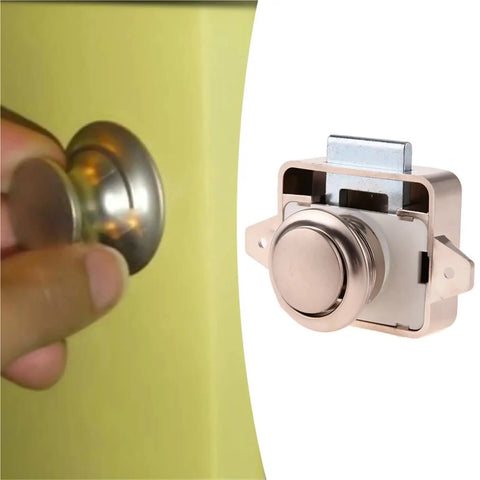 Close-up of Keyless Push Button Latch For RV Cabinets And Camper Van Drawers, Chrome Zinc Alloy Locks, Spring Pop Button Design