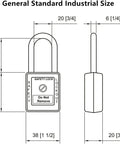 Diagram of dimensions for 10 Pack Lockout Tagout Safety Padlocks Kit With Keyed Differently Locks And Red Tagout Tags, OSHA compliant.