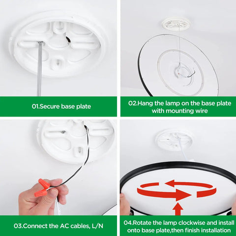 Installation steps for 18.2 Inch LED Flush Mount Ceiling Light 36W Dimmable With 3 Color Temperatures, showing connection and mounting.