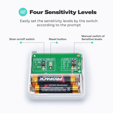 Smart Vibration Sensor With 110dB Alarm And Adjustable Sensitivity showing circuit board and battery compartment details