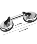 Heavy Duty Silver Glass Lifting Tool With Quick Release Handle And Safety Lock, measuring 32.4 cm, aluminum alloy gripper and rubber suction cups.