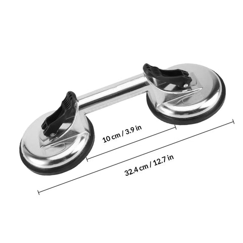 Heavy Duty Silver Glass Lifting Tool With Quick Release Handle And Safety Lock, measuring 32.4 cm, aluminum alloy gripper and rubber suction cups.
