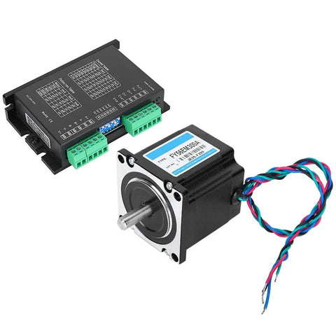 Front view of black Nema 23 stepper motor with a green-terminal driver module and twisted multi-wire harness.