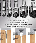 Pro Grade M35 Cobalt Countersink Drill Bit Set For Metal Wood Stainless Steel, Heavy Duty Five Flute Design, Hex Shank, Diagram View