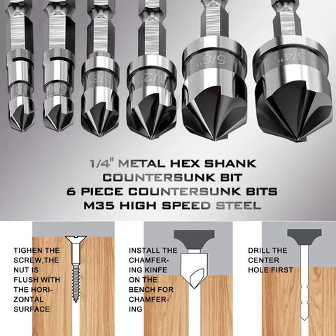 Pro Grade M35 Cobalt Countersink Drill Bit Set For Metal Wood Stainless Steel, Heavy Duty Five Flute Design, Hex Shank, Diagram View