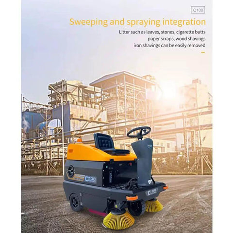 Ride On Industrial Floor Sweeper With 24 Gallon Dustbin And 65000 Sqft Per Hour Cleaning Power, Heavy Duty Shop Floor Cleaner in action