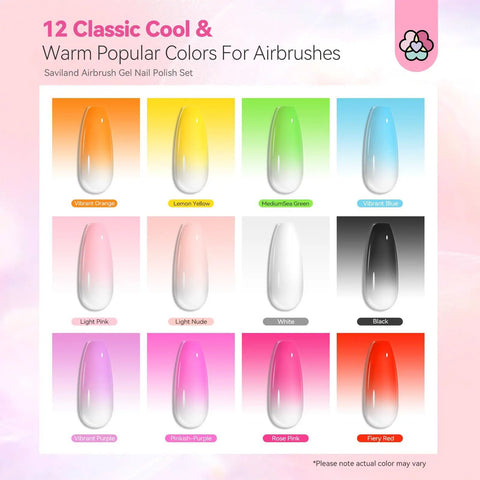 Airbrush Gel Nail Polish Set With 12 Vitality Colors Hema Free Dilution Free Non Acetone Formula Fine Mist For Easy Spray French And Ombre Nail Art Odorless Safe Nail Kit For Salon Or At Home color chart with vibrant variations