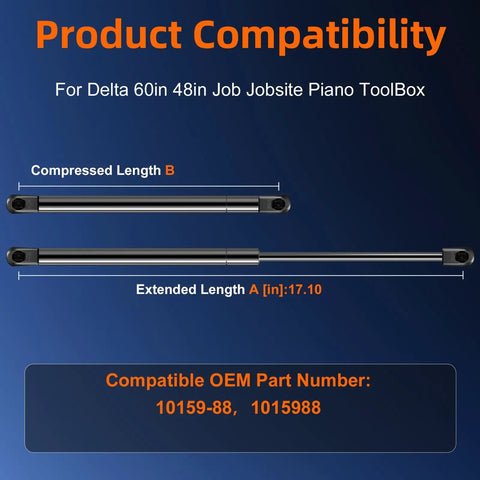 17 Inch Heavy Duty Gas Strut And Gas Shock Lift Support For Jobsite Piano Toolbox with compression and extension measurements.