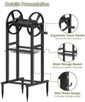 Beefy Freestanding Garden Hose Reel with ergonomic crank, metal storage basket, side hooks, four spike base, and detachable stand.