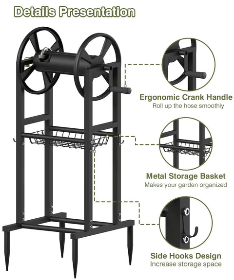 Beefy Freestanding Garden Hose Reel with ergonomic crank, metal storage basket, side hooks, four spike base, and detachable stand.