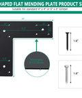 Diagram of Beefy Heavy Duty L Shape Pergola Brackets 10 By 10 Inch For 4x4 And 6x6 Lumber Two Pack with measurements and screws.
