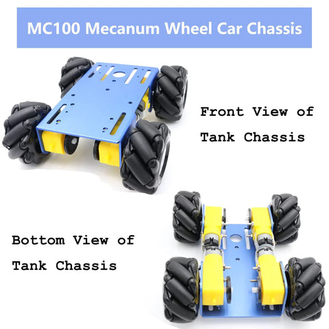 MC100 Mecanum wheel car chassis, blue metal frame with yellow motors and four black wheels; front and bottom views.