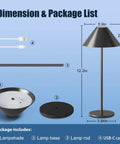 Modern LED Rechargeable Cordless Table Lamp With Dimmable Eye Protection Light, package contents and dimensions