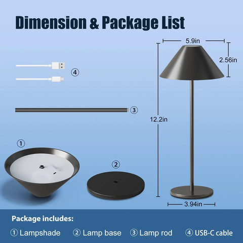 Modern LED Rechargeable Cordless Table Lamp With Dimmable Eye Protection Light, package contents and dimensions