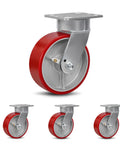 Rock Solid Six Inch Polyurethane Swivel Casters Heavy Duty Industrial Kingpinless Set Of Four With Seven Thousand Two Hundred Lbs Capacity For Moving Heavy Gear Daily, showing red polyurethane wheel and metal mount.