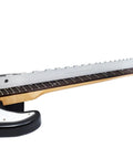 Guitar Neck Notched Straight Edge 4mm Thick Luthier Repair Tool for 25.5 Inch F Scale and 24.75 Inch G Scale in use on guitar neck