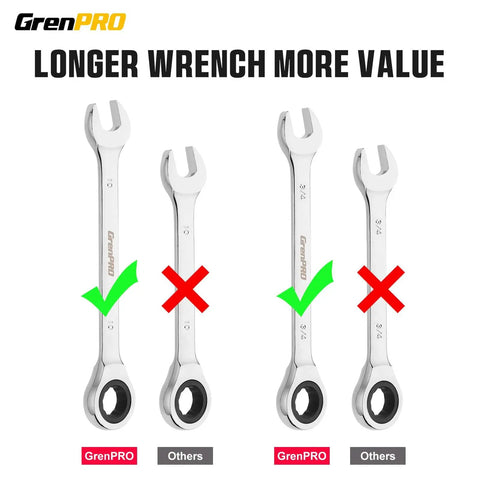 Ratcheting Wrench Set 22-Piece With Roll Up Pouch, SAE And Metric Combination Wrenches, longer wrench comparison with others.