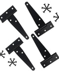 Heavy Duty Black T Shaped Hinges 50 Pack Rock Solid Iron Hardware For Wooden Barn Door Fence Gate And Window Replacement With Smooth Swinging Movement And Rugged Design Built Tough, showing four hinges and installation screws.