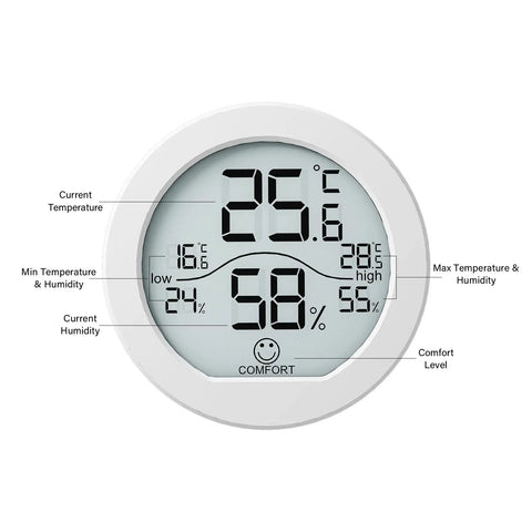 Easy Read Indoor Hygrometer Thermometer For Home And Office, Digital Temperature And Humidity Monitor With Large Display, Fast Accurate Room Climate Tracker For Optimal Comfort; white round digital display showing 25.6°C and 58% humidity
