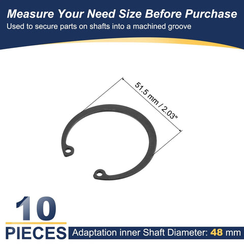 10 Pcs Internal Retaining Rings Set 48mm C Clip Snap Rings 65Mn Steel Circlips for Automotive Grooved Shafts and Studs Durable Manganese Steel With Oxidation Finish, close-up of one ring showing 51.5mm outer diameter.