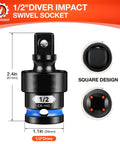 Half Inch Drive Universal Joint Socket Set With Chrome Moly Swivel Socket Adapter For Automotive Repair And Heavy Duty Home DIY Flexible Enough To Reach Tight Angle Fasteners, front view with dimensions