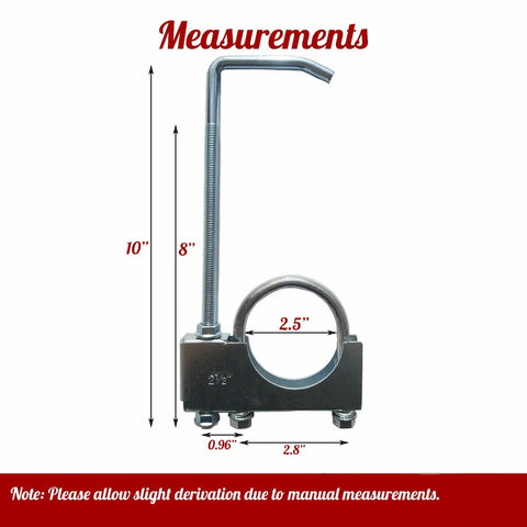 Heavy Duty 2.5 Inch Exhaust Hanger Clamp On Universal Fit For Cars And Trucks, No Weld Install, showing dimensions