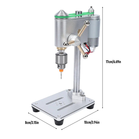 Heavy Duty Mini Benchtop Drill Press With Precise Variable Speed Control, 17cm tall, aluminum alloy, for jewelry, wood, and metal work.