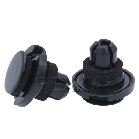 Rexka rocker moulding push-type retainer with sealer, black plastic, for Subaru; two pieces shown