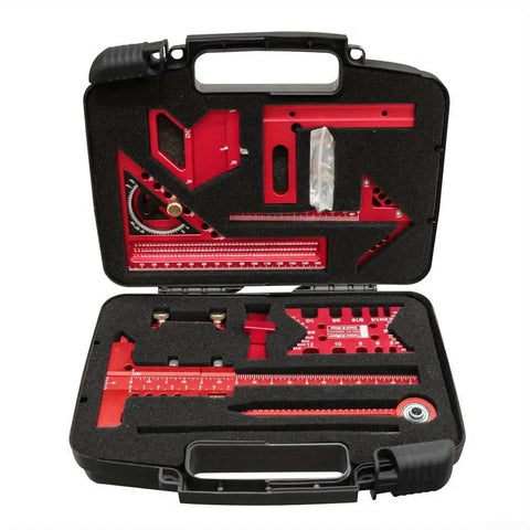Pro Grade Woodworking Measuring And Scribing Tool Set with 9 Piece Precision Kit in red box with aluminum alloy tools