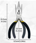 5 Pack Mini Precision Needle Nose Pliers Set With Wire Cutter, Spring Loaded, Black Finish, dimensions shown, ideal for electronics.