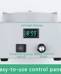 Control panel of Kickass Heavy Duty Wet And Dry Bench Grinder showing volt display and speed control settings.