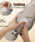 Folding Travel Inflatable Neck Pillow With Five Dimensional Support being packed and inflated for long flights; compact design.