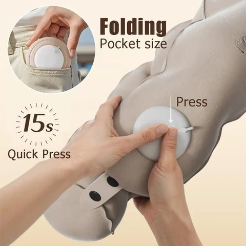 Folding Travel Inflatable Neck Pillow With Five Dimensional Support being packed and inflated for long flights; compact design.