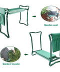 Folding Garden Kneeler Seat With Tool Pouch Bag And Thick EVA Foam Kneeling Pads, shown as a seat and kneeler, green color