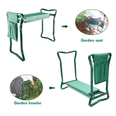 Folding Garden Kneeler Seat With Tool Pouch Bag And Thick EVA Foam Kneeling Pads, shown as a seat and kneeler, green color