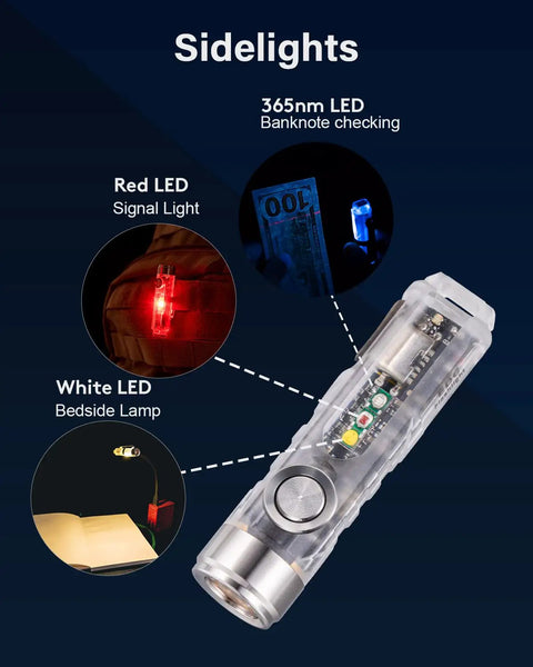 Rechargeable USB C EDC Flashlight Keychain Mini Light 650 Lumens Ultra Bright Compact Pocket Torch with Red White UV Sidelights