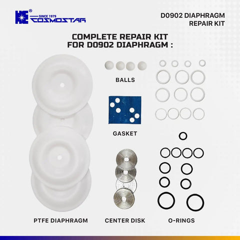 All In One Replacement Kit For D0902 Three Eighths Inch Double Diaphragm Pump With O Rings Gaskets Diaphragms PTFE Seals