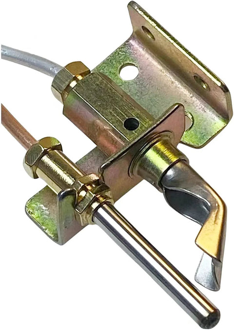 Water heater pilot assembly with thermocouple and tubing; brass fittings mounted on metal bracket.