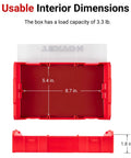 Usable interior dimensions of a red tool box with 3.3 lb capacity, showing length, width, height measurements.