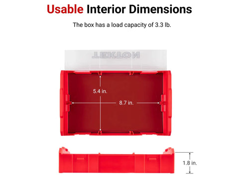 Usable interior dimensions of a red tool box with 3.3 lb capacity, showing length, width, height measurements.