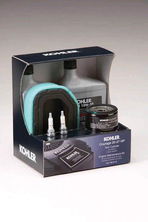Maintenance Kit For Courage Twin Series SV710 Through SV840 Riding Lawn Mowers Including Air Filter Foam Pre Cleaner Oil Filter Two Quarts 10W 30 Oil Fuel Filter Spark Plugs Two Pack And All In One Replacement Parts box with components