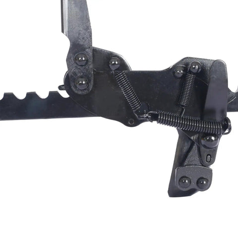 Close-up of Heavy Duty Fence Stretcher And Wire Splicer Tool For Quick Tightening Of Barbed And Smooth Fences All Purpose Black Steel Outdoor Lawn Gadget with metal snips and springs
