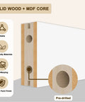 Cross-section of solid wood with MDF core board showing eco-friendly, anti-warping, pre-drilled features and smooth paint finish.