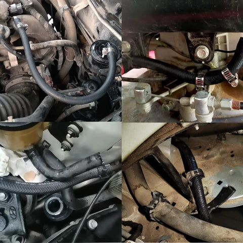 5/8-inch high-pressure transmission/fuel hose with 10 clamps in engine bay; black rubber hoses and metal hose clamps.