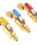 Quarter Inch SAE Refrigerant Ball Valve For R410A R134A R12 R22 HVAC, Low Loss Shutoff With Quick Tight Fittings, brass valves in 3 colors