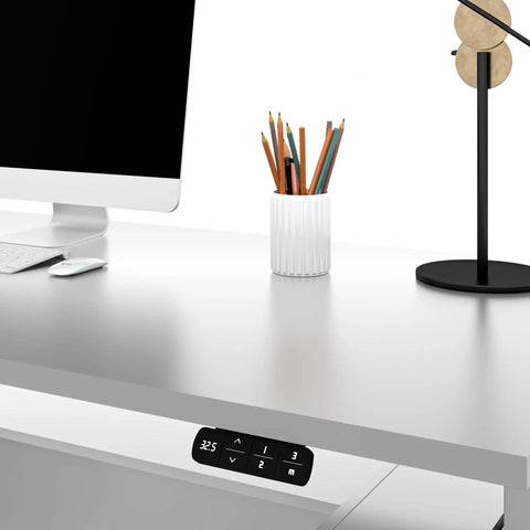 Kickass Hella Spacious Dual Motor Height Adjustable Electric Standing Desk Smooth 67 Inch Wide White Sit Stand Workstation featuring memory controls.