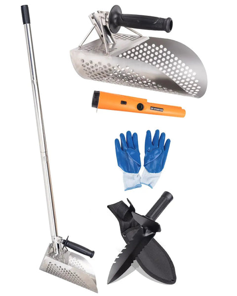Heavy Duty Stainless Steel Sand Scoop For Metal Detecting With Long Handle Kit Includes Pinpointer Shovel And Gloves Beach Treasure Hunting Gear For Relics And Coins