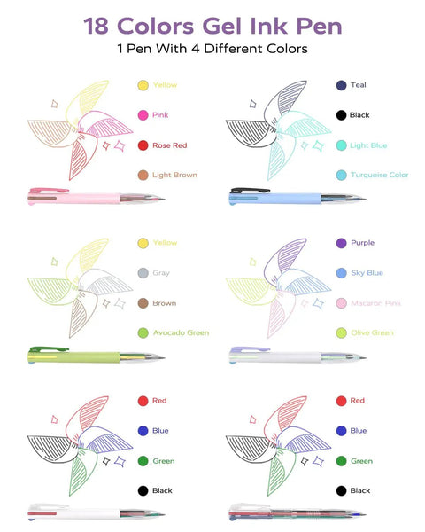 All In One 4 In 1 Multicolor Pens Set With 18 Colors Six Pack For Note Taking Coloring Organizing And Office Or School Use Press To Switch Colors On The Fly And Enjoy Smooth Writing With Vivid Ink, 6 pens shown