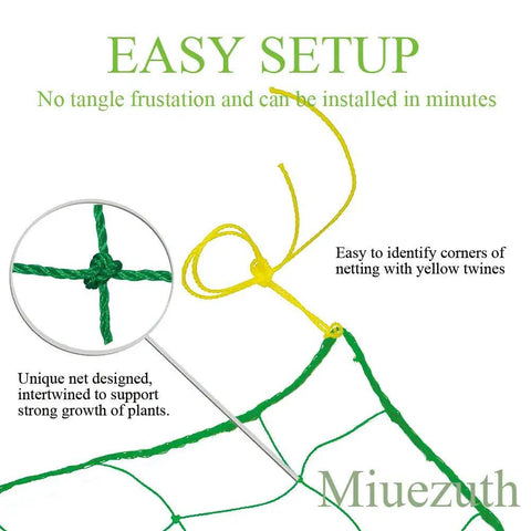 Easy setup of Heavy-Duty Garden Trellis Netting For Climbing Plants UV Stabilized Polyethylene Mesh in green with yellow twines.