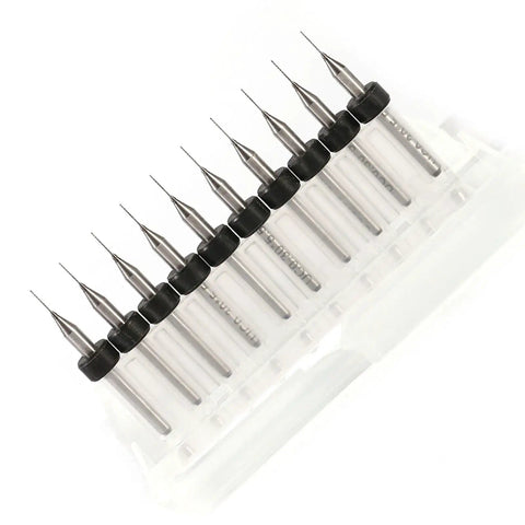 Tungsten Carbide Drill Bits Set 0.3mm, 10 Piece Precision PCB Micro Drill Bit Kit displayed in a plastic holder.